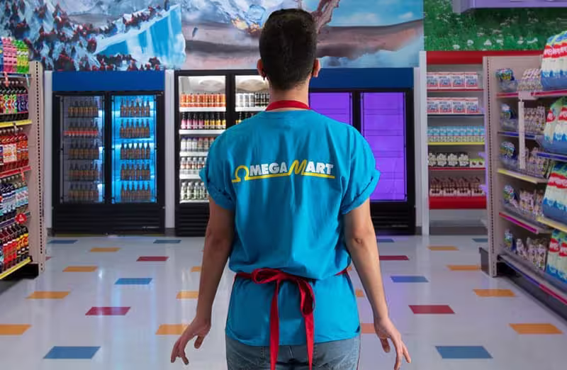 Back of a person standing in the aisles of Omega Mart in Las Vegas