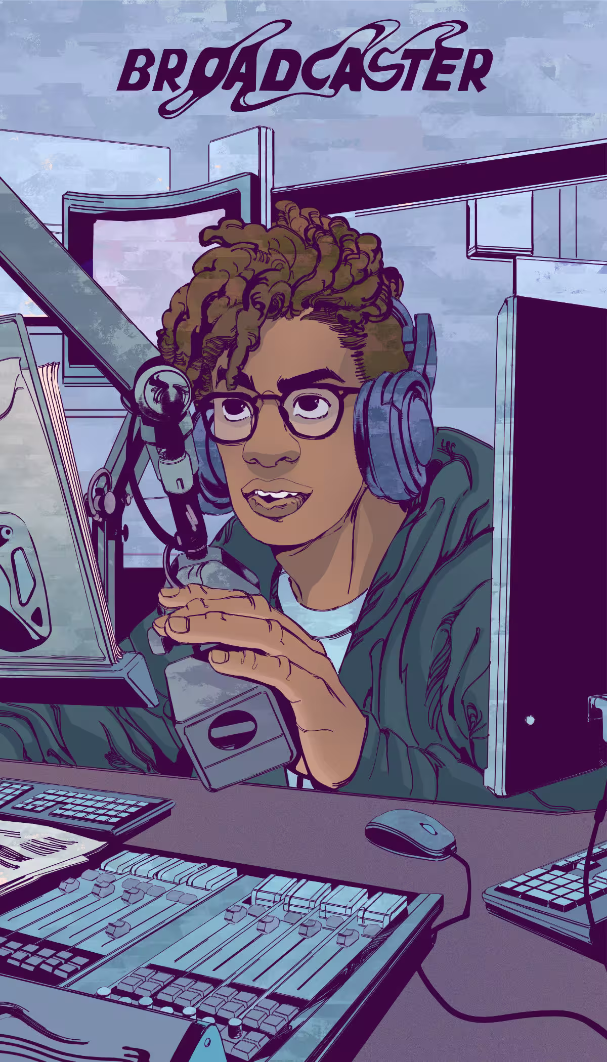 - Illustration showing a male presenting person in a broadcasting station, wearing headphones and speaking into a microphone. 