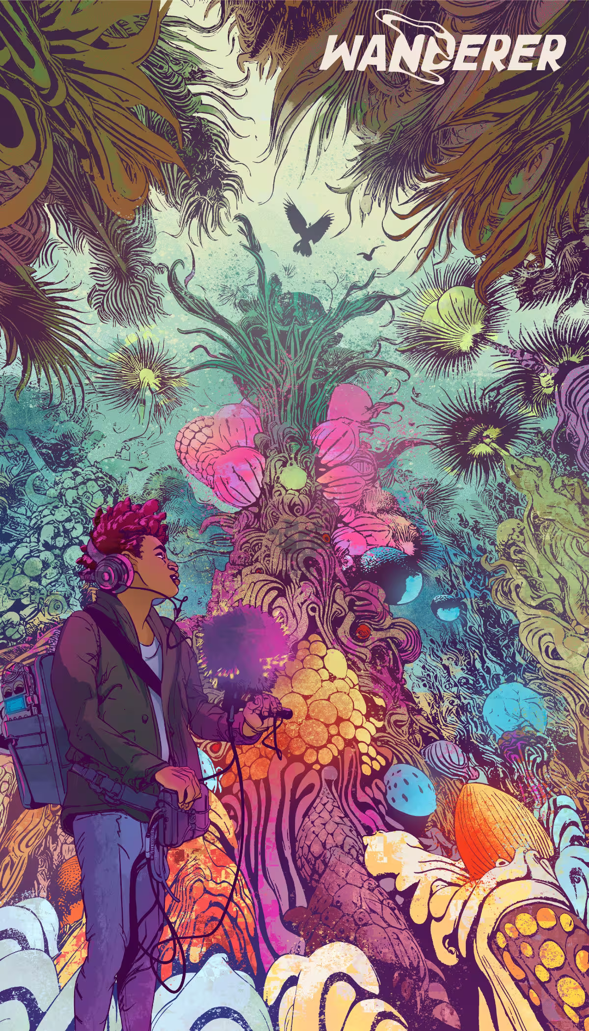 - Illustration showing a male presenting person from the side, standing next to a strange tree covered in glowing orbs. 