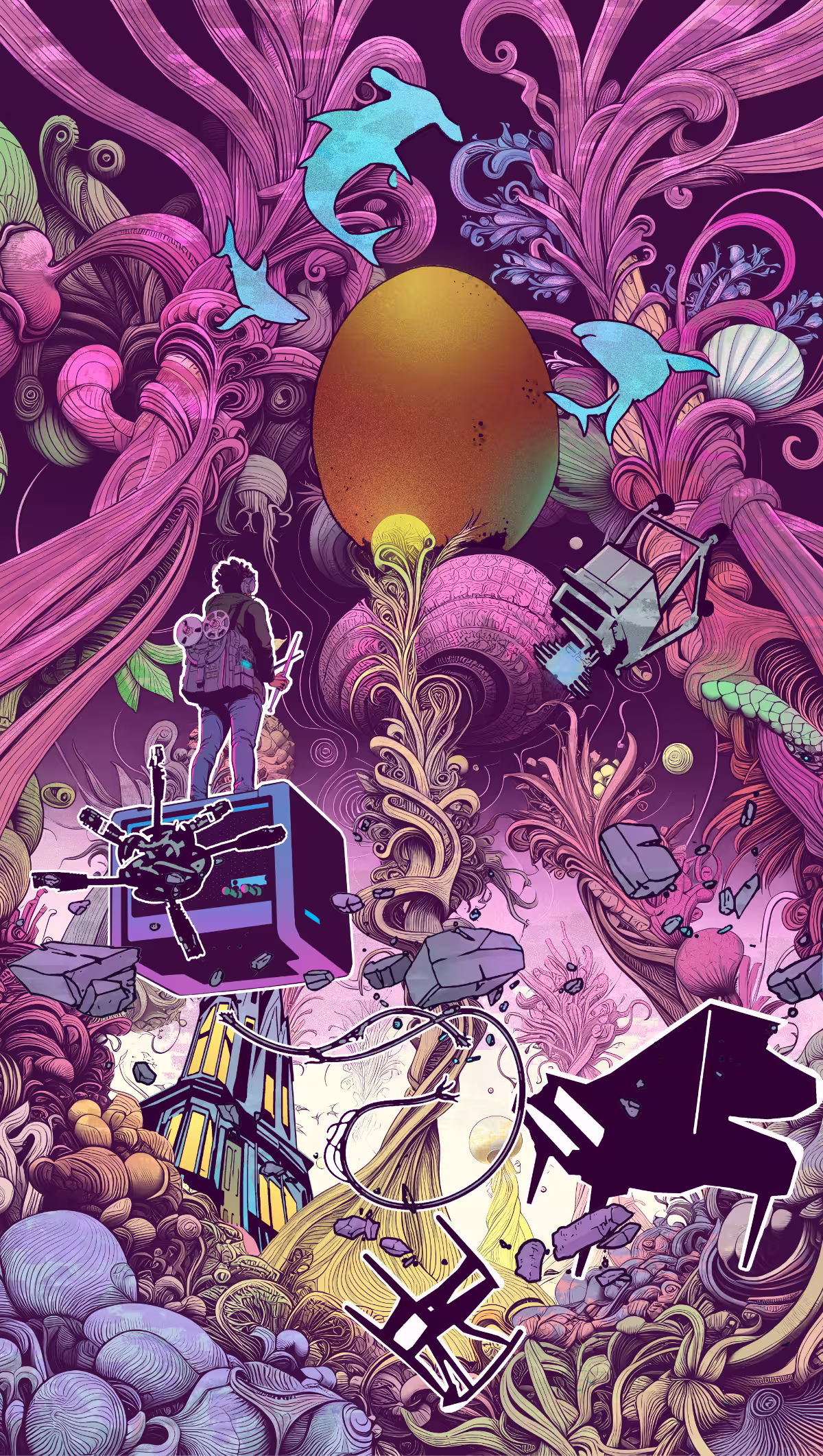 - Illustration of the back of a person standing facing a giant egg in a sky with swirly shapes. 