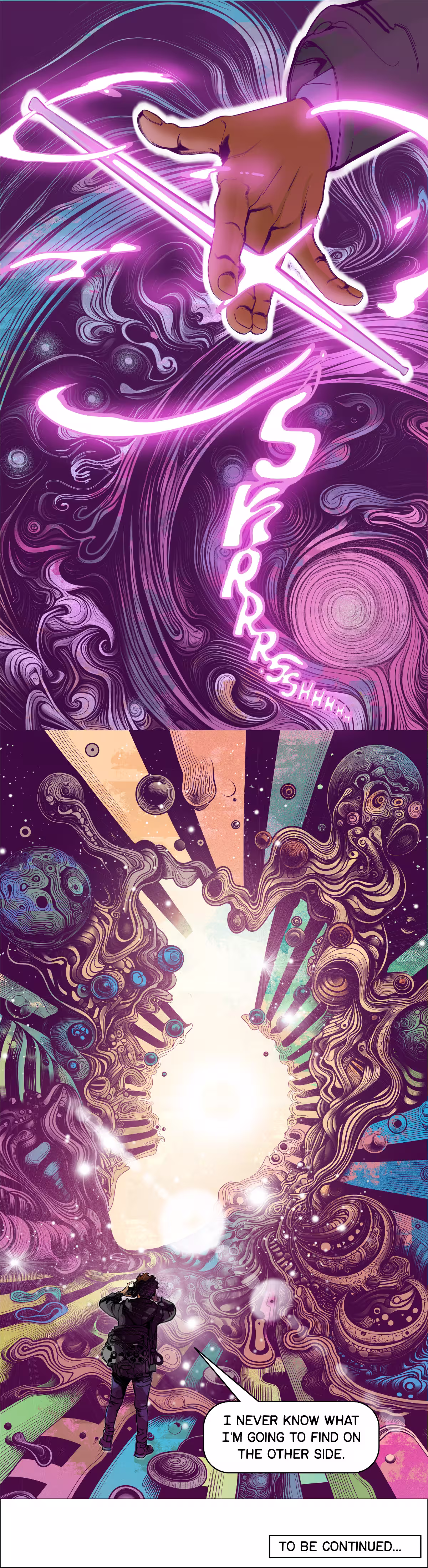 - Illustration of a hand holding a drumstick and the back of a figure facing out into a portal. 