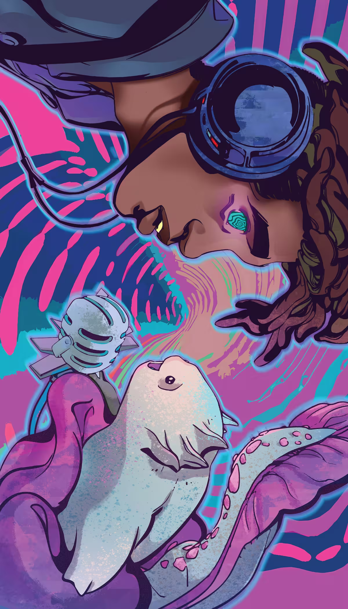 The creature hypnotizes the person with the headphones. 