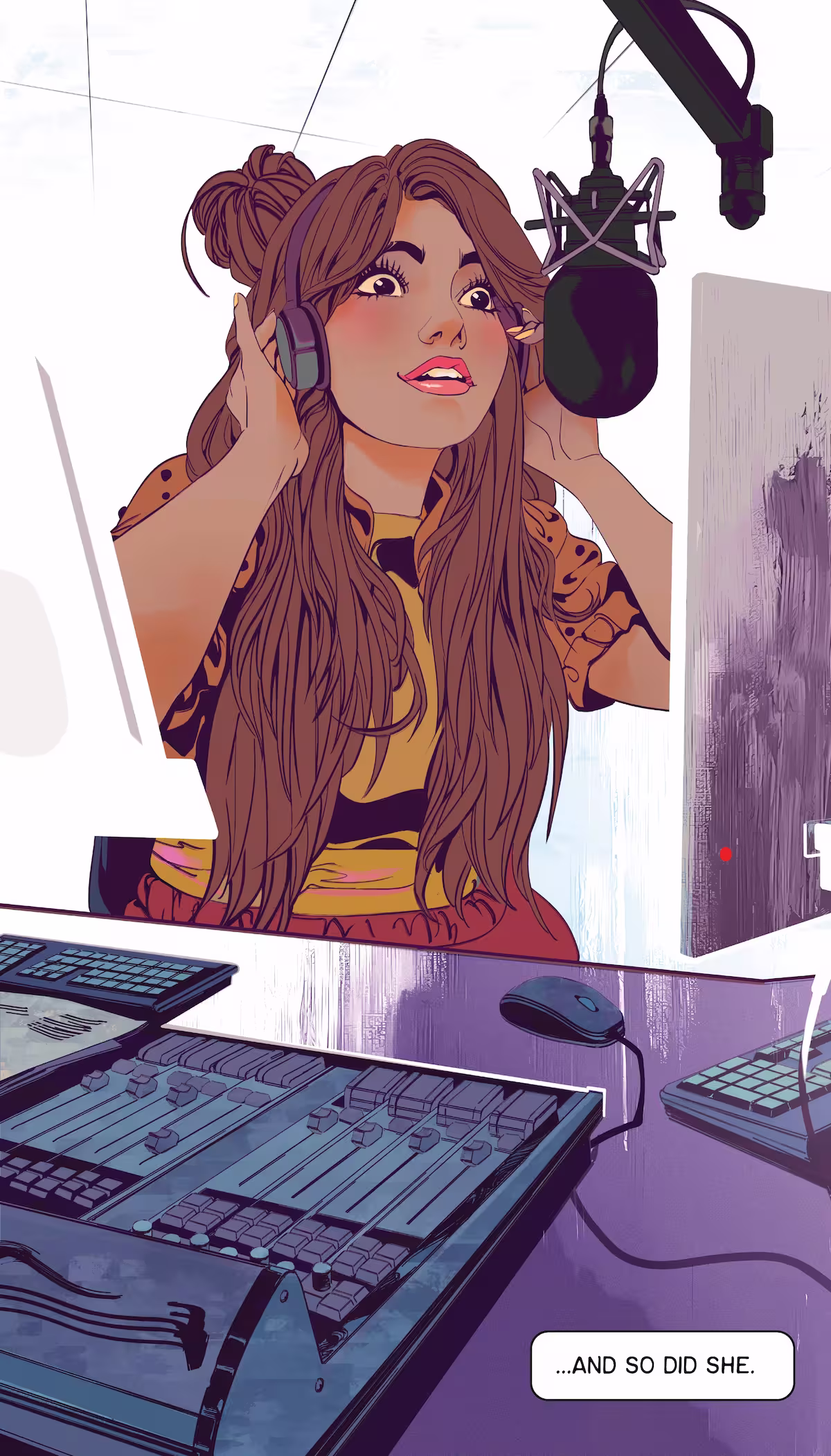 A female expressing person wearing headphones sitting in front of a microphone and computers. 