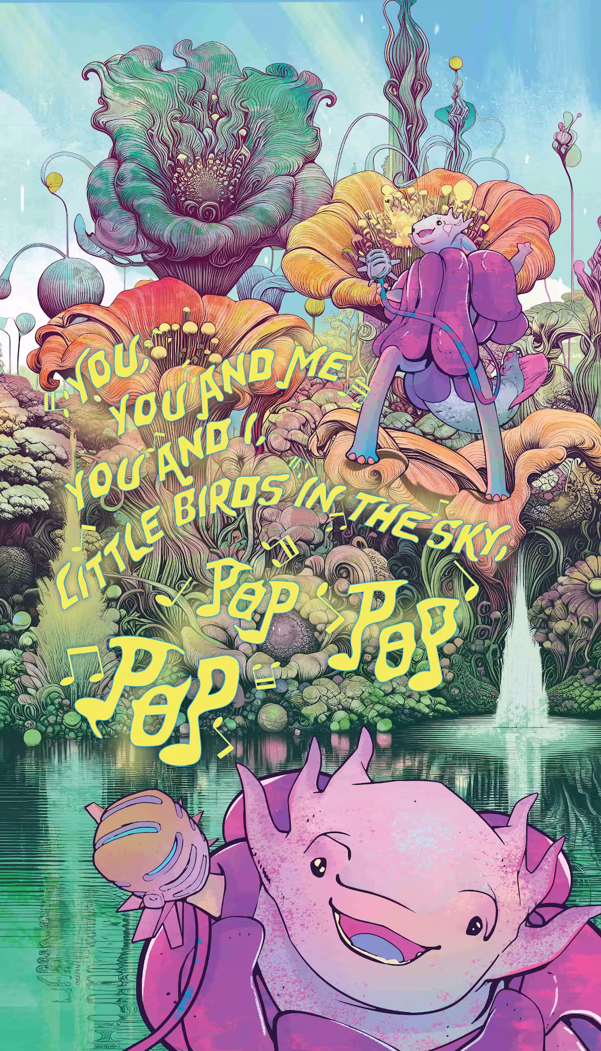 A pink humanoid fish creature comes out of a lake surrounded by magical plants.