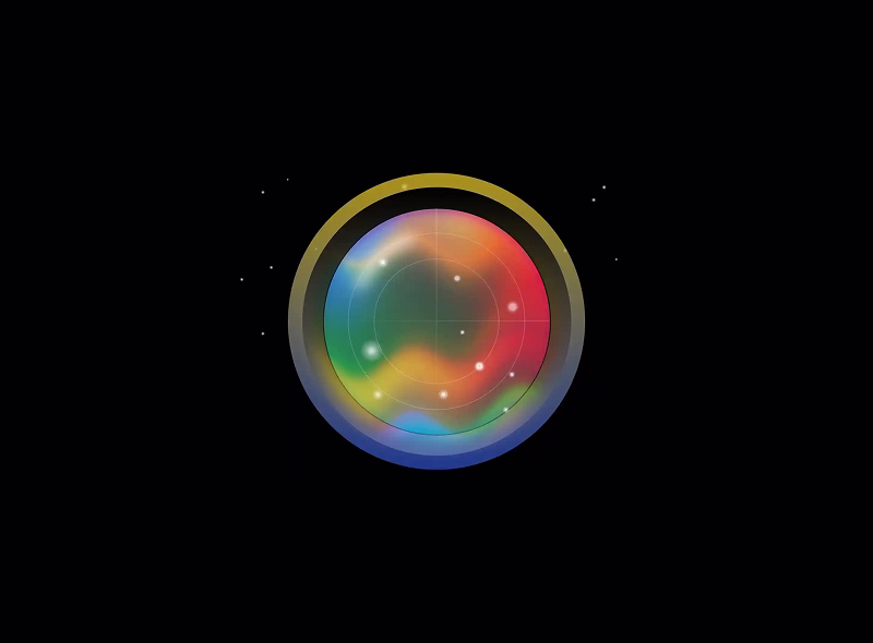 small round circle with swirling colors against a dark background